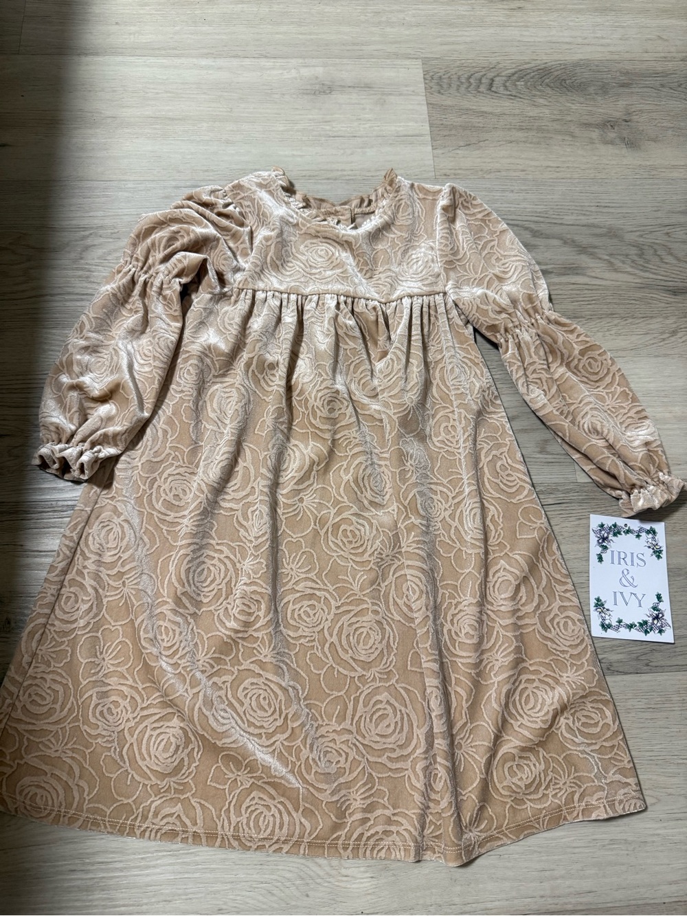 NWT Iris & Ivy Velvet Floral Dress Beige Tan Dusty Rose Girls Size 6 Long Sleeve